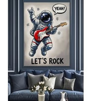 Gitar Çalan Astronot Rock Dekoratif Kanvas - Mdf Ahşap Tablo