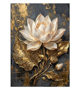 Altın Desenli Beyaz Lotus Çiçeği Dekoratif Kanvas - Mdf Ahşap Tablo