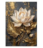Altın Desenli Beyaz Lotus Çiçeği Dekoratif Kanvas - Mdf Ahşap Tablo