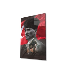 Atatürk Portre ve Türk Bayrağı Cam Tablo Modern Ev Ofis Salon Hediyelik Büyük Tablo Duvar Dekoru (Çok Renkli)