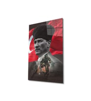 Atatürk Portre ve Türk Bayrağı Cam Tablo Modern Ev Ofis Salon Hediyelik Büyük Tablo Duvar Dekoru (Çok Renkli)