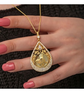 Gold Tuğralı Zirkon Taşlı 925 Ayar Gümüş Kadın Kolye