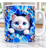3D Efektli Beyaz Kedi Desenli Mavi Mermer Desenli Hediyelik Porselen Kupa Bardak