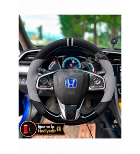 Honda Civic FC5 Dikme Direksiyon Kılıfı Delikli Deri Parlak Siyah Gri Detay Çift Yüzük ve Dikiş 2016-2021