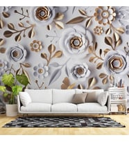 3 Boyutlu Gold-Beyaz Çiçek ve Yaprak Desenli Modern Duvar Kağıdı Baskı