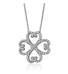 EMILIANO JEWELLERY Zirkon Taşlı Pırlanta Montür Kalp Desenli Çiçek Rodium Kaplama Gümüş Kolye
