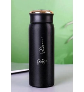 Kişiye Özel Dijital Göstergeli 500 ML Akıllı Fil Baskılı Termos - Sıcak Soğuk İçecek Şişesi (Siyah)