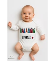 Halasının Kıymetlisi Yazılı Uzun Kollu Bebek Zıbını Pamuklu Bebek Body 0-24 Ay Çıtçıtlı, Rahat Kalıp (Beyaz)
