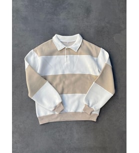Unisex Üç İplik Parçalı Yakalı SweatShirt - Bej