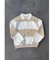 Unisex Üç İplik Parçalı Yakalı SweatShirt - Bej