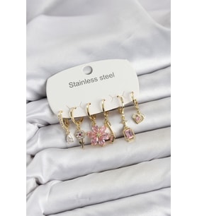 316L Çelik Gold Renk Pembe Zirkon Taşlı Lotus Detaylı Kadın Küpe Seti TJ-BKP11886