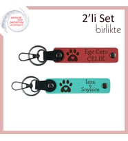 Kalpli Pati Motifli Deri Anahtarlık Seti, Kedi Sahipleri İçin İsme Özel Hediye, Nar Çiçeği-Turkuaz