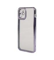 iPhone 12 Kılıf Şeffaf Arka Yüzey Kamera ve Kenarları Taşlı Silikon (Lila)
