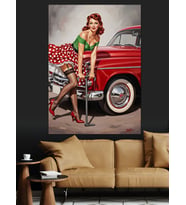 Kırmızı Araba Pin-Up Kız Dekoratif Kanvas - Mdf Ahşap Tablo