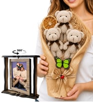 Kişiye Özel 2 Fotoğraflı Dönen Ahşap Çerçeve ve Gri Peluş Ayıcık Buketi Hediye Seti