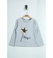 Toontoy Kız Çocuk Pullu Yıldız Nakışlı T-Shirt ( Gri-Melanj)