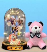 Size Özel Tasarlanacak Led Işıklı Fanus ve Pembe Peluş Anahtarlık Hediye Seti (Model 5)