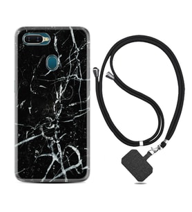 Oppo A5S A15 A16 A54 A55 A73 A74 Kılıf Boyun Askılı Silikon Black Marble 3 1382