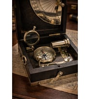 Ahşap Kutulu Vintage Denizcilik Navigasyon Seti – Pirinç Pusula & Güneş Saati Tasarımlı 12x6 Cm