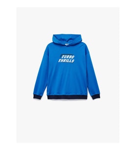 Koton Pamuklu Baskılı Kapşonlu Oversize Saks Erkek Çocuk Sweatshirt 6WKB10249TK