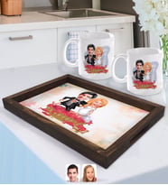 BK Gift Kişiye Özel Evleniyoruz Karikatürlü Doğal Ahşap Tepsi ve 2’li Kupa Bardak Seti-10