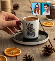 Kişiye Özel Karikatürlü Motorlu Sevgililer Türk Kahvesi Fincanı Sevgililer Günü Hediyesi