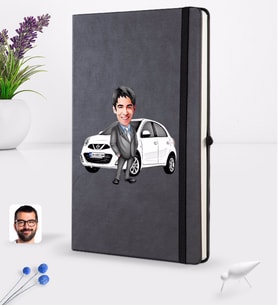 BK Gift Kişiye Özel Plakalı Erkek Nissan Micra Karikatürlü Siyah Termo Deri Defter 16x24cm Model 1