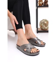 Mulex 10953 Çapraz Kadın Terlik Comfort Anatomik Kadın Ev Dışarı Terliği (Platin)