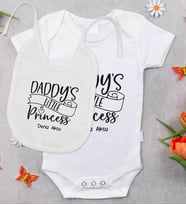 BK Kids Kişiye Özel Daddy's Little Princess Tasarımlı Bebek Body Zıbın ve Mama Önlüğü Hediye Seti - Model 1