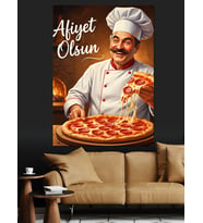 Pizza Yapan Şef Aşçı " Afiyet Olsun" Sloganlı Dekoratif Kanvas - Mdf Ahşap Tablo