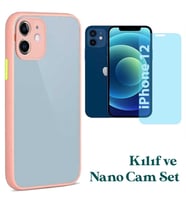 Apple iPhone 12 Uyumlu Montreal Kılıf Ve Nano Cam Ekran Koruyucu Set (Pembe)