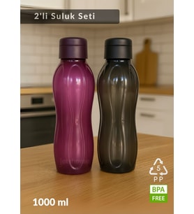 2’li PP-5 Su Şişesi Seti – 1000 ml Sızdırmaz Matara, BPA Free, Ev-İş-Spor İçin Siyah-Mürdüm