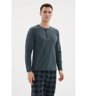 %100 Pamuk Yeni Sezon 2026 4 Mevsim Midi Yaka Erkek Pijama Takımı (Gri)
