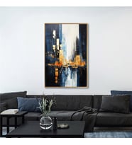 Yağlı Boya Dokulu Tablo Soyut Şehir Manzarası Manhattan Altın Çerçeveli U09003