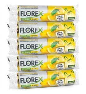 ŞeyliŞeyler - Florex Büzgülü Büyük Boy Çöp Torbası Limon Kokulu 65x70 cm 5 Paket