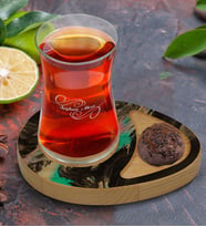 BK Gift Kişiye Özel Mermer Tasarımlı Doğal Ahşap Tabaklı Heybeli Çay Bardağı Sunum Seti Model 19
