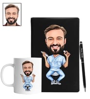 Kişiye Özel Diş Hekimi Tasarımlı Karikatür Siyah Defter Kalem Kupa Seti 86