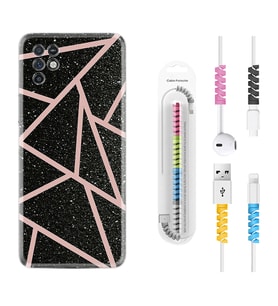 INFINIX Note 11 Pro Note 10 Hot 9 Play Kılıf Kablo Koruma Spiral Silikon Pembe Şeritli Mermer 1312