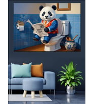 Tuvalette Gazete Okuyan Panda Dekoratif Kanvas - Mdf Ahşap Tablo
