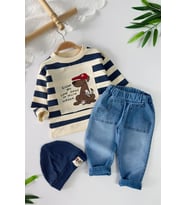 Miniğimin Cicileri Çizgili Köpek Baskılı Sweatshirtlü Kot Pantolonlu Erkek Bebek 3 lü Takım - Lacivert