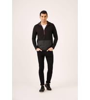 Siyah Erkek Slim Fit Düz Fermuarlı Kapüşonlu Sweatshirt