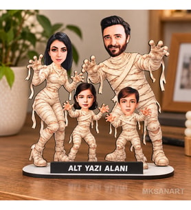 Kişiye Özel Fotoğraflı 4 Kişilik Cadılar Bayramı Karikatür MDF Karikatürlü 18 cm MDF Masaüstü Biblo - Aile Hediyesi Anne Baba ve Aileye Hediye