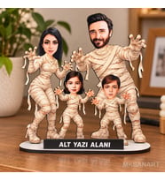 Kişiye Özel Fotoğraflı 4 Kişilik Cadılar Bayramı Karikatür MDF Karikatürlü 18 cm MDF Masaüstü Biblo - Aile Hediyesi Anne Baba ve Aileye Hediye