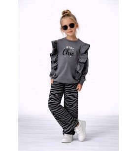 Kız Çocuk "Stay Chic" Fırfırlı Sweatshirt ve Zebra Desenli Pantolon Takım

 50041G
