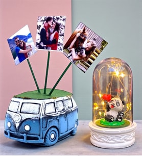 Kişiye Özel Hediye Seti Led Işıklı Fanus ve 3 Fotoğraflı Mavi Vosvos Saksı (Model 4)