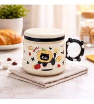 Sevimli Kedi Desenli Kapaklı Seramik Kupa Bardak Kahve Fincanı Kawaii Hediyelik Ofis (Sahra Beji)