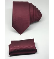 Vişne Rengi Mendilli Slim Fit Oxford Kuş Gözü Desen Kravat