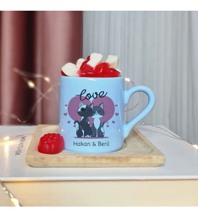 Kedi Tasarımlı Kişiye Özel Mavi Türk Kahvesi Fincan