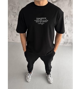 Erkek Kısa Kol Yazlık Tişört Bisiklet Yaka Baskılı Oversize T-Shirt - Siyah