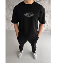 Erkek Kısa Kol Yazlık Tişört Bisiklet Yaka Baskılı Oversize T-Shirt - Siyah
